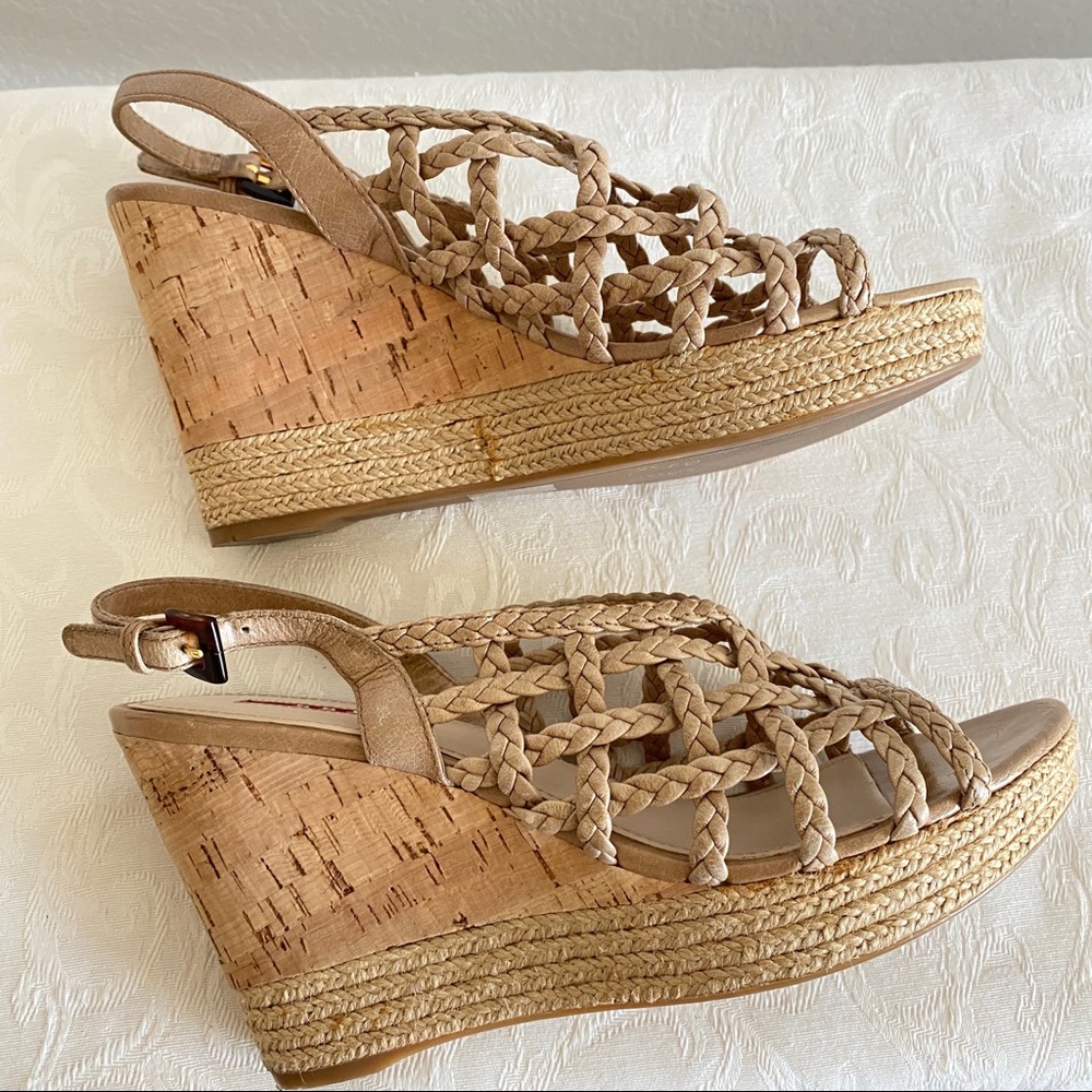 Prada beige Braided Leather Cage Wedge platform Espadrille Sandals - Picture 7 of 11